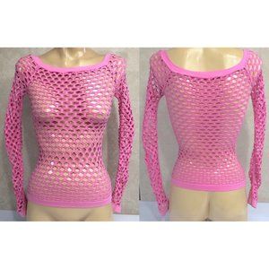 Pink Barbiecore Sheer Knit Nylon Stretch Small Mesh Womens Top
